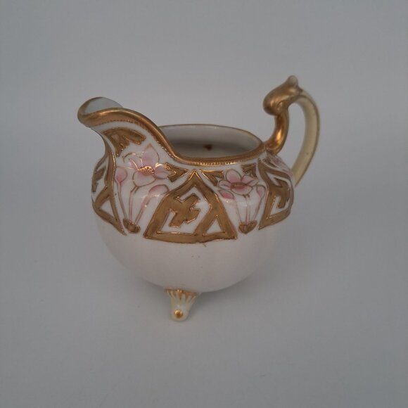 Nippon Hand-Painted Floral Cream Pitcher Gold Trim Porcelain Footed Vintage - Picture 7 of 10